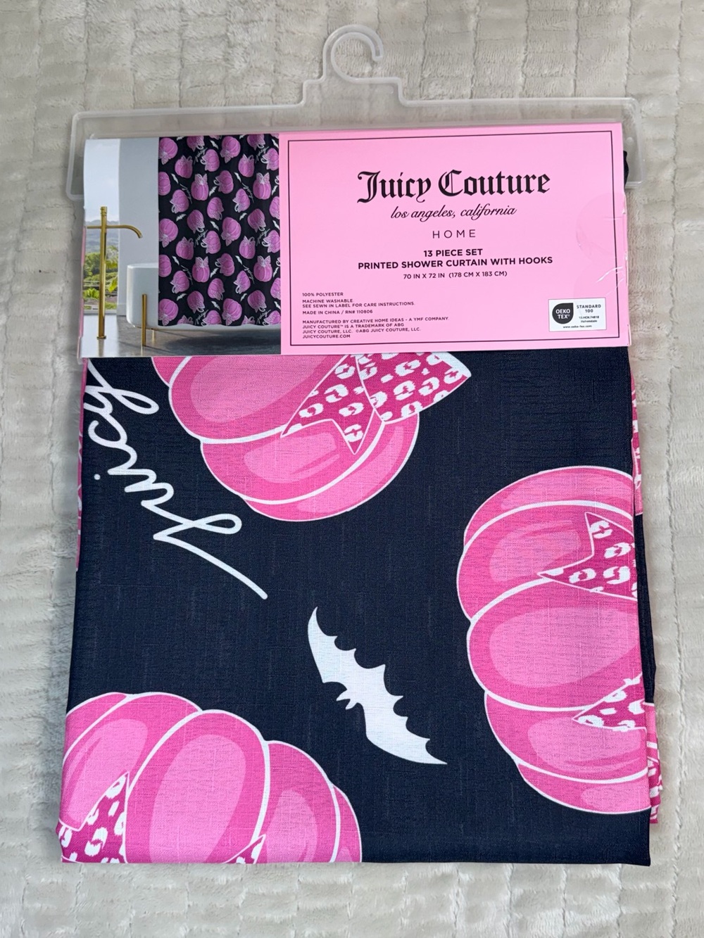 Juicy Couture Pinkoween Shower Curtain Pink Pumpkin Leopard Bow Halloween NWT - Picture 6 of 9
